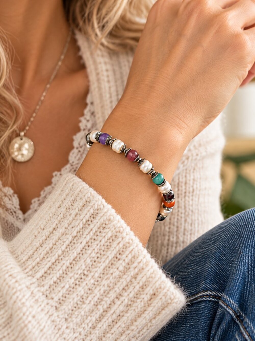 Freshwater Pearl & Multicolour Glass Bead Bracelet | Toggle Clasp